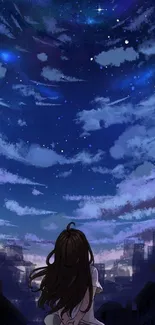 Anime girl gazing at a starry night sky with deep blue hues.