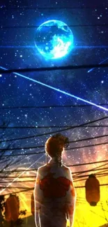 Anime character under a star-filled sky with lanterns and cosmic elements.