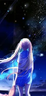 Anime girl gazing into a starry night sky wallpaper.