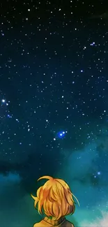 Anime character gazes at starry night sky in vibrant wallpaper.