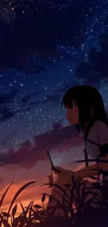 Silhouette against a starry anime night sky wallpaper.