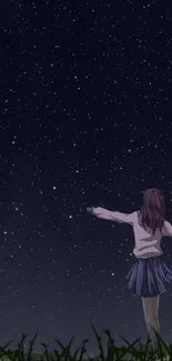 Girl stargazing under a starry night sky in anime art.