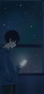 Anime character in blue hoodie with stars outside window.