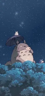 Anime creature under starry night with an umbrella.