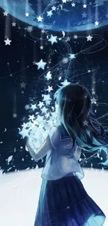 Anime girl reaching for stars in a night sky wallpaper.