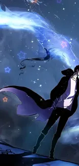 Anime character stands in starry cosmic scene.