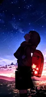 Anime silhouette under starry night sky with city lights.