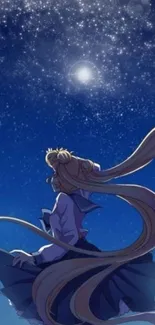 Anime character gazing at a starry night sky, with flowing hair and dark blue hues.