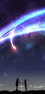 Anime wallpaper of a starry night with silhouettes and shooting stars.