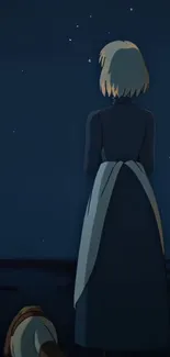 Anime character gazing at starry night sky.