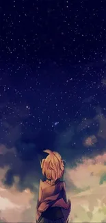 Anime character gazing at a starry night sky with clouds.