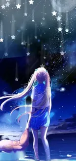 Anime girl under starry night sky with moon and stars reflecting on water.