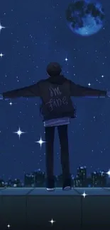 Anime character under a starry night sky with a visible urban skyline.