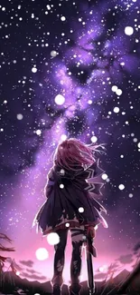 Anime character gazing at a starry purple night sky.