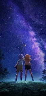 Two characters gaze at the starry night sky in an anime-style scene.