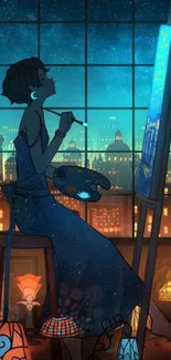 Silhouetted artist paints under a starry night in a vibrant cityscape wallpaper.