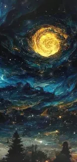 Artistic starry night sky with swirling colors.