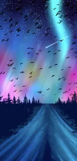 Colorful aurora over a night sky with forest and road.