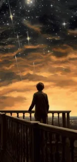 Person gazing at starry night sky from a balcony with a warm orange glow.