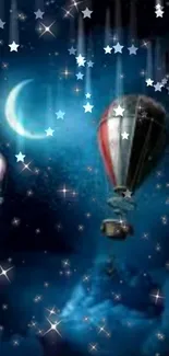 Hot air balloon floating in a starry night sky with a crescent moon.