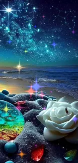 Starry night beach with colorful cosmic elements and a glowing ocean.