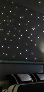 Starry night themed bedroom wallpaper with glowing stars on a dark gray wall.