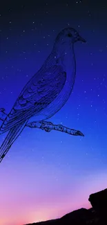 Illustrated bird against a starry night sky on mobile wallpaper.