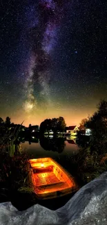 Starry night with Milky Way over a lake with a lit boat.