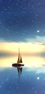 Sailboat on calm waters under a starry sky.