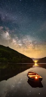 Boat on calm lake under starry night sky reflecting beautifully.