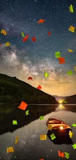 Boat reflecting under a starry sky with Milky Way.