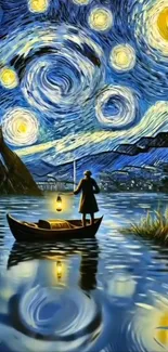 Artistic boat on water under starry night sky.