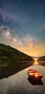 Tranquil night sky with boat reflection on a calm lake under the stars.