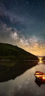 Starry night sky with a boat on a reflective lake.