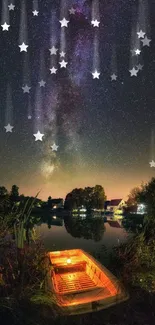 Starry night sky over a tranquil lake with a glowing boat.