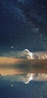 Starry night sky with boat reflecting on a calm lake.