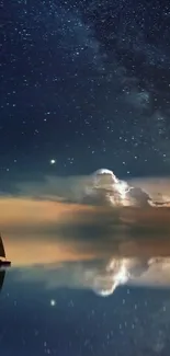 Serene sailboat under a starry night sky with reflections on calm water.