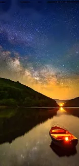 Boat on a tranquil lake beneath a starry night sky.