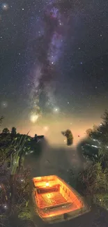 Starry night sky with a glowing boat reflecting on calm waters.