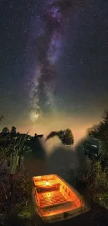 A calming boat under a starry night sky wallpaper.