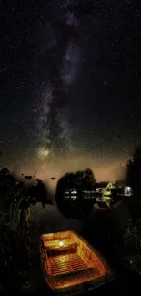 Wooden boat under a starry night sky reflected on calm waters.