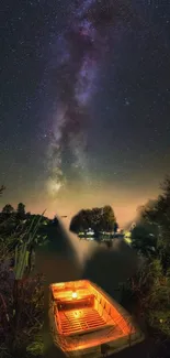 Starry sky with boat on serene lake in night.