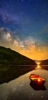 Starry night over a calm lake with single boat reflecting in the water.