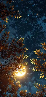 Starry night with glowing foliage and moonlight