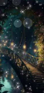 Starry night bridge with glowing lights and lush greenery.