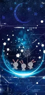 Cute bunnies under a starry night sky with a crescent moon.