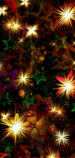 Vibrant starry night burst wallpaper with glowing stars and colorful patterns.