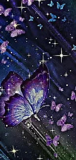 Purple butterflies with stars on dark blue background.