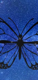 Silhouette of a butterfly against a starry blue night sky.