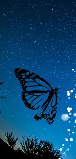 Silhouette of butterfly against starry night sky with bokeh lights.